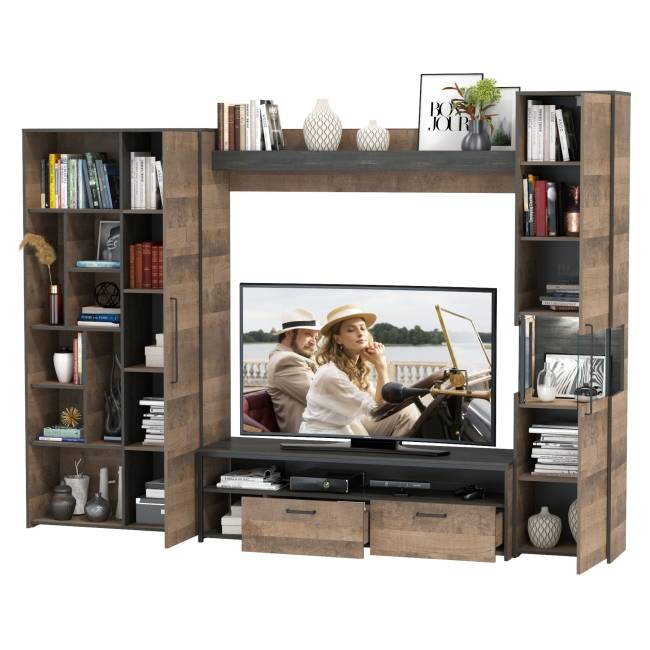 Стенка для гостиной в лофт стиле Трувор № 19 цвет дуб гранж песочный/интра