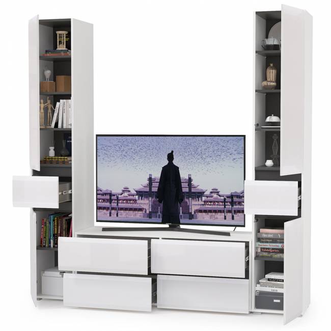 Стенка в гостиную Сидней № 17 цвет белый/чёрный/фасады МДФ белый глянец