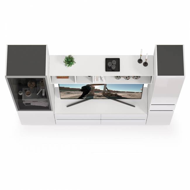 Стенка для гостиной Сидней Комплектация № 23 цвет белый/чёрный/фасады МДФ белый глянец