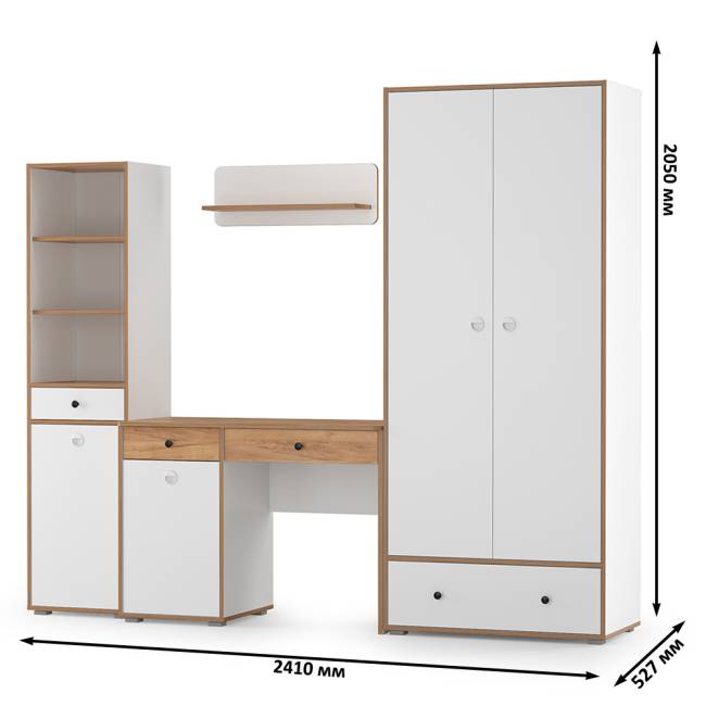 Молодёжная мебельная стенка Вуди № 22 цвет белый премиум/дуб крафт золотой