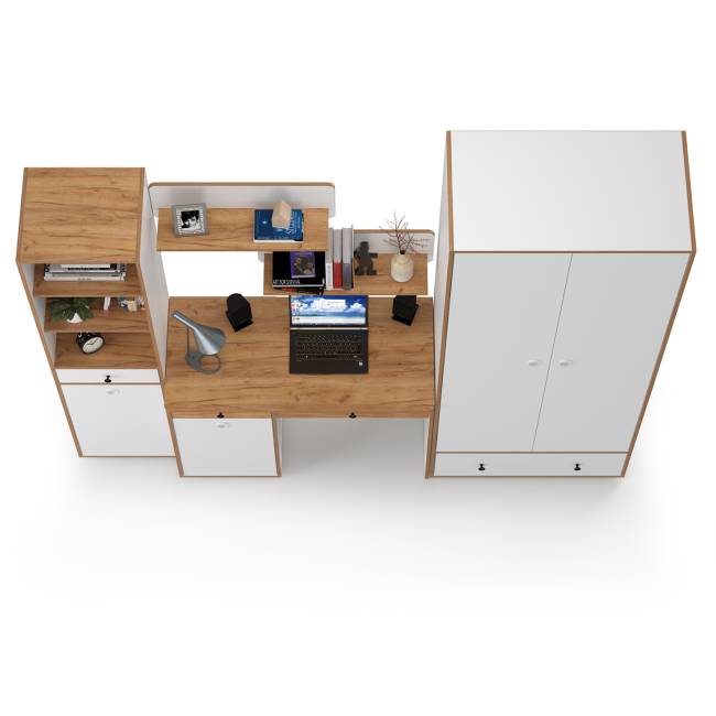 Мебельная стенка в молодёжную комнату Вуди № 23 цвет белый премиум/дуб крафт золотой