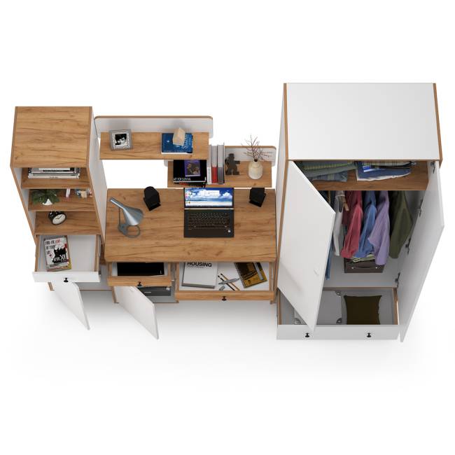 Мебельная стенка в молодёжную комнату Вуди № 23 цвет белый премиум/дуб крафт золотой