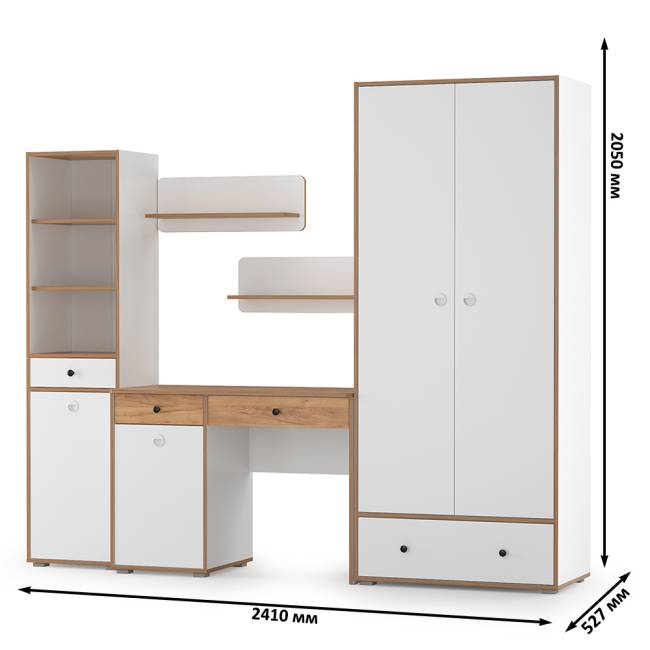 Мебельная стенка в молодёжную комнату Вуди № 23 цвет белый премиум/дуб крафт золотой