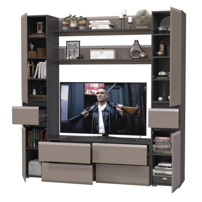 Два пенала Сидней с выдвижными ящиками и тумба для телевизора с двумя полочками цвет антрацит/МДФ веллюто капучино