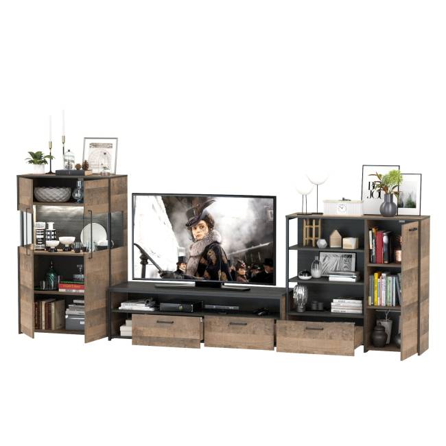 Стенка в гостиную Трувор № 54 с тумбой с подсветкой цвет дуб гранж песочный/интра