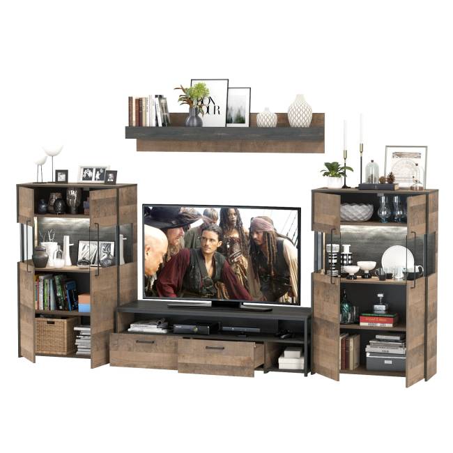 Мебель лофт с подсветкой для гостиной Трувор № 67 цвет дуб гранж песочный/интра Мебель лофт с подсветкой для гостиной Трувор № 67 цвет дуб гранж песочный/интра