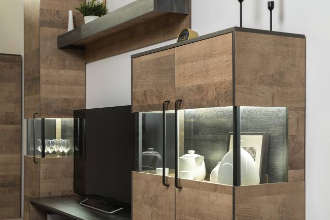 Мебель лофт с подсветкой для гостиной Трувор № 67 цвет дуб гранж песочный/интра Мебель лофт с подсветкой для гостиной Трувор № 67 цвет дуб гранж песочный/интра