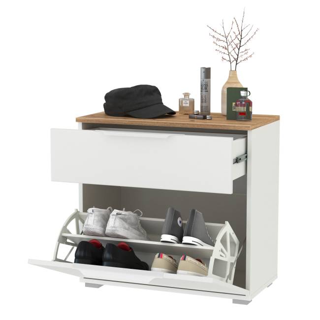 Тумба для обуви Октава 16.127 цвет белый шагрень/дуб крафт золотой Тумба для обуви Октава 16.127 цвет белый шагрень/дуб крафт золотой