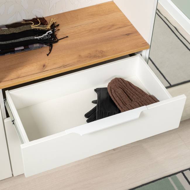 Тумба для обуви Октава 16.127 цвет белый шагрень/дуб крафт золотой Тумба для обуви Октава 16.127 цвет белый шагрень/дуб крафт золотой