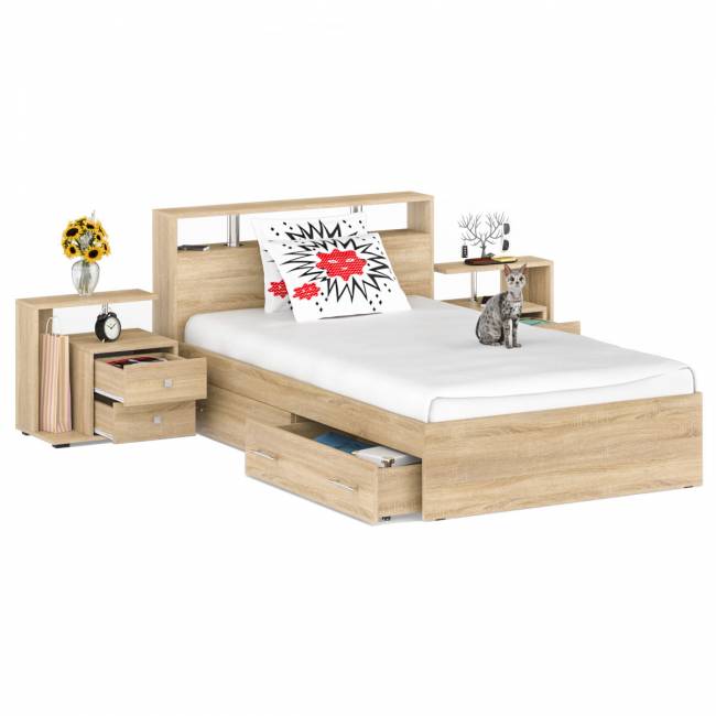 Кровать с ящиками 1200 Камелия + две тумбы цвет дуб сонома Кровать с ящиками 1200 Камелия + две тумбы цвет дуб сонома