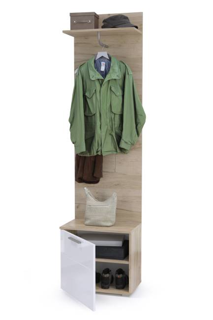 Тумба для обуви с вешалкой Лайн цвет дуб крафт серый/фасады МДФ белый глянец Тумба для обуви с вешалкой Лайн цвет дуб крафт серый/фасады МДФ белый глянец