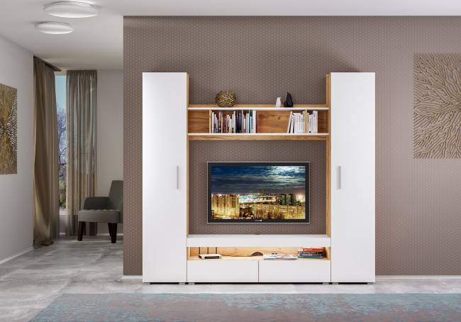 Стенка для гостиной Альба № 1 цвет дуб крафт золотой/белый премиум