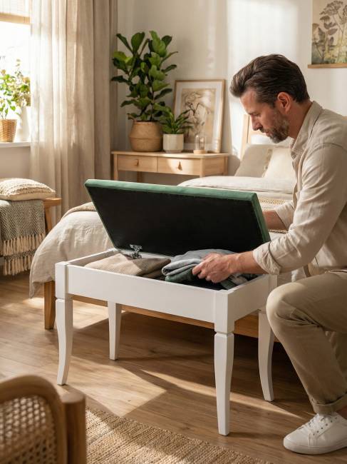 Банкетка Вивальди М с ящиком белый, ткань зеленый